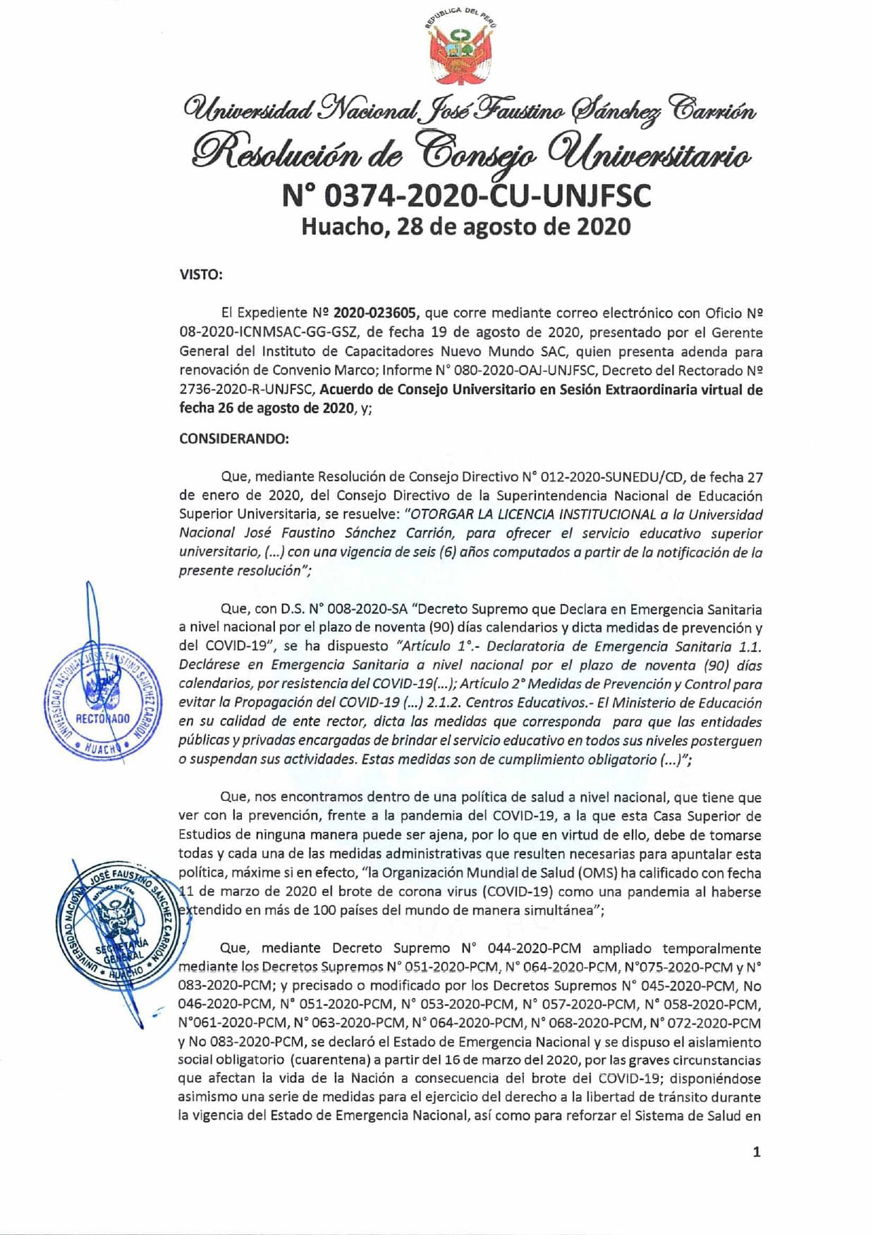 Resolución 0374-2020-CU-UNJFSC