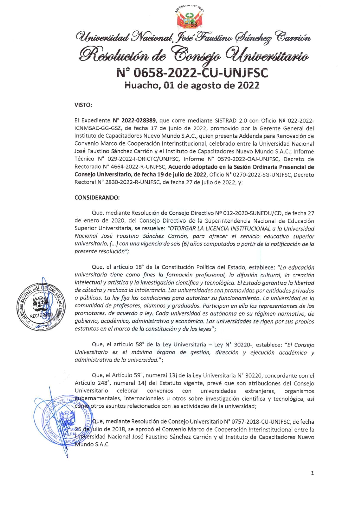 Resolución 0658-2022-CU-UNJFSC (Adenda)